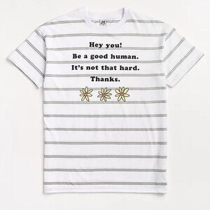 JV by Jac Vanek Women's Size Large White Gray Stripe Be A Good Human T-Shirt